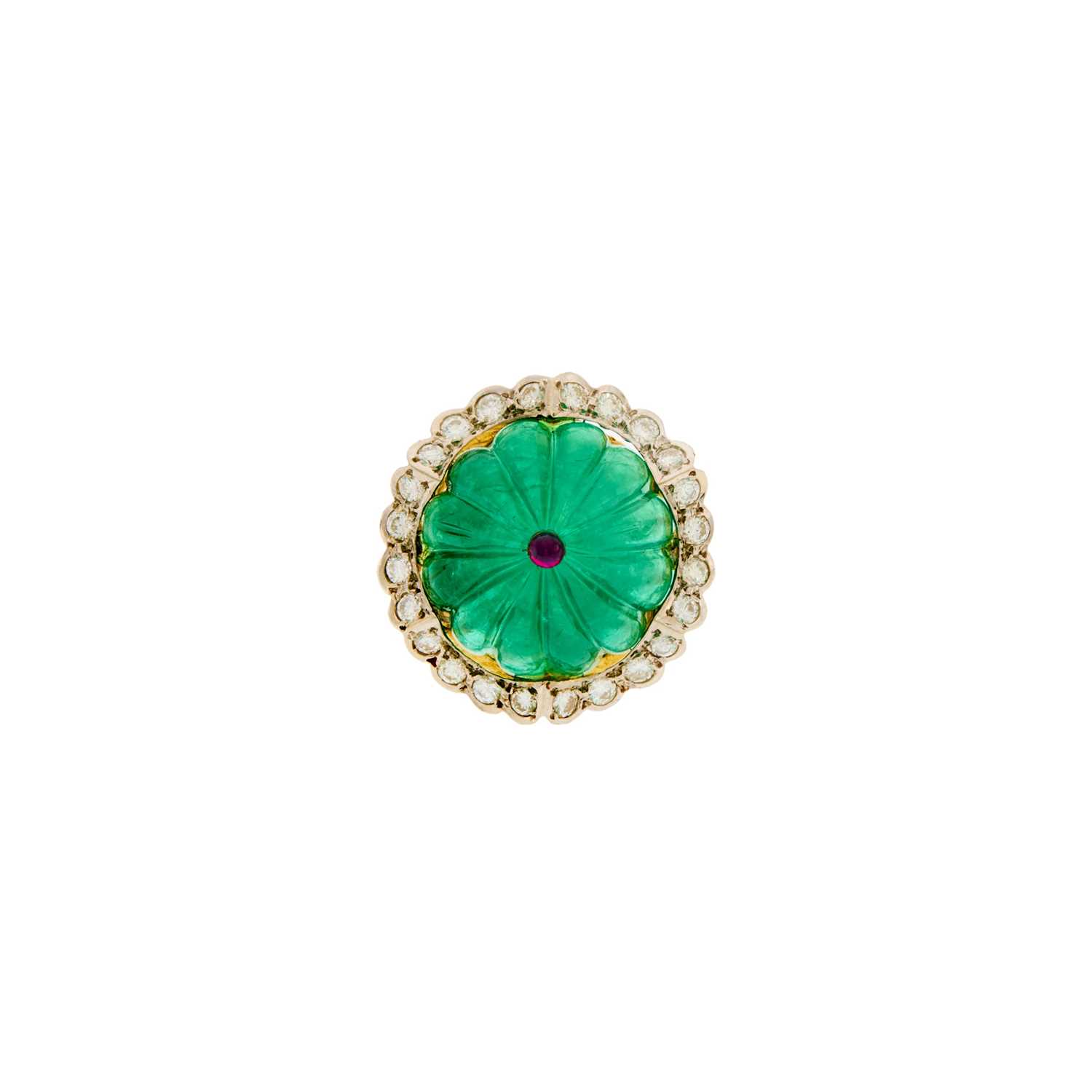 Lot 2037 - Gold, White Metal, Fluted Emerald, Cabochon Ruby and Diamond Ring