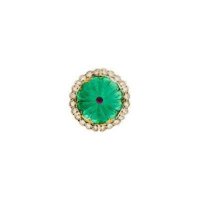 Lot 2037 - Gold, White Metal, Fluted Emerald, Cabochon Ruby and Diamond Ring