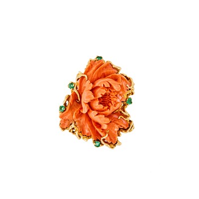 Lot 2078 - Oversized Gold, Carved Coral and Emerald Peony Ring