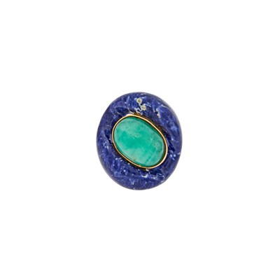 Lot 2035 - Gold, Gilt-Metal, Carved Sodalite and Jade Ring