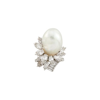Lot 1076 - Platinum, Baroque South Sea Cultured Pearl and Diamond Ring