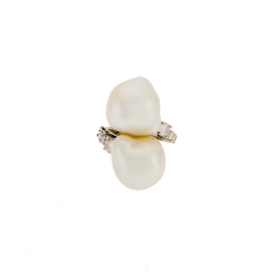 Lot 2111 - White Gold, Baroque Cultured Pearl and Diamond Ring, France