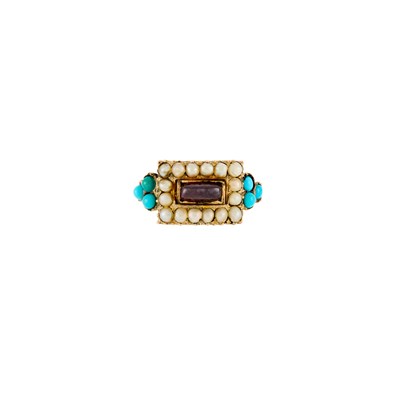 Lot 2129 - Antique Low Karat Gold, Split Pearl, Turquoise and Cabochon Garnet Ring