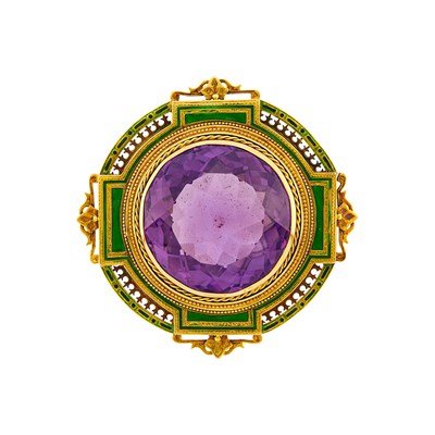 Lot 1055 - Antique Gold, Amethyst and Green Enamel Pendant-Brooch