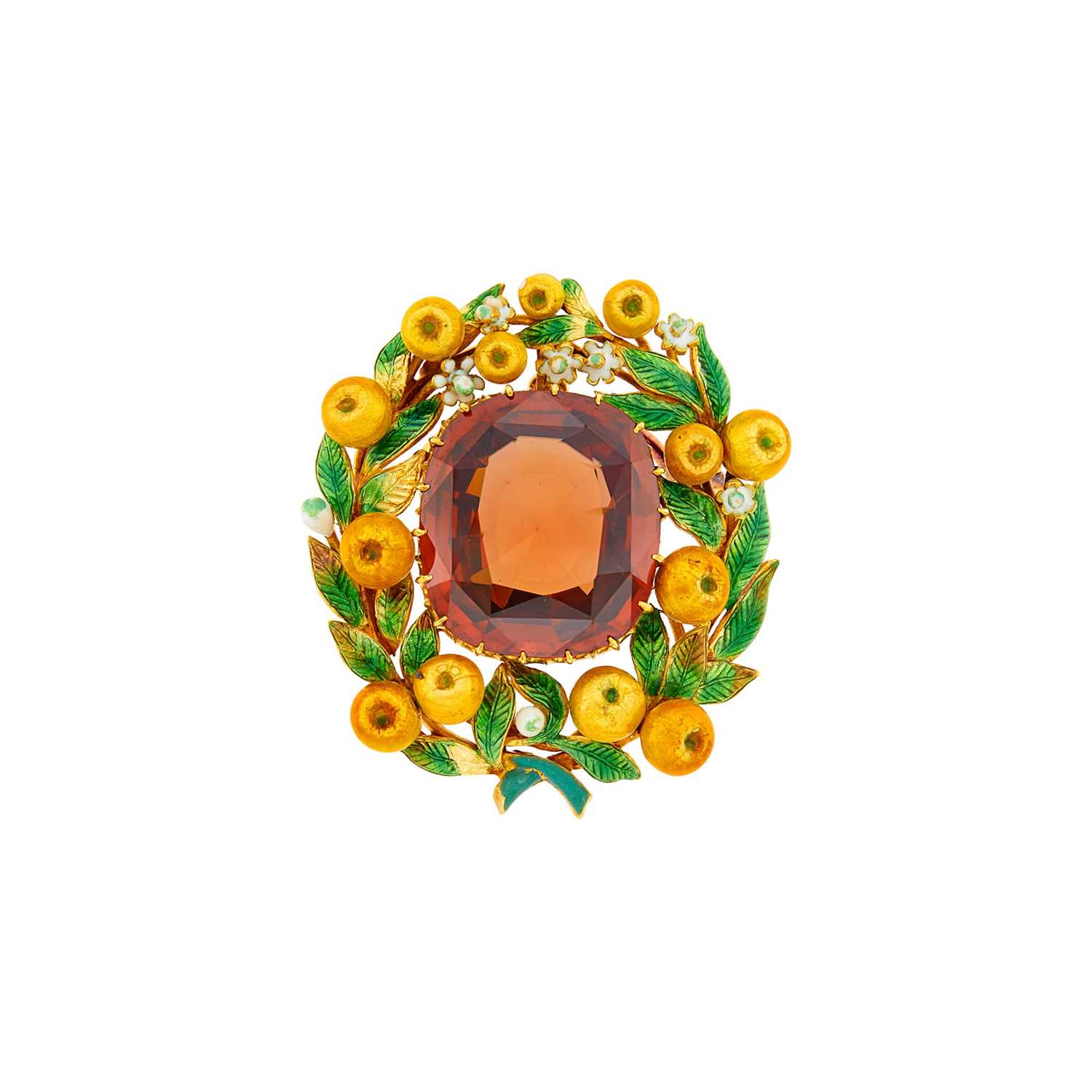 Lot 1046 - Antique Gold, Orangy Brown Zircon and Enamel Apple Blossom Wreath Pendant-Brooch
