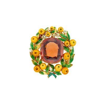 Lot 1046 - Antique Gold, Orangy Brown Zircon and Enamel Apple Blossom Wreath Pendant-Brooch