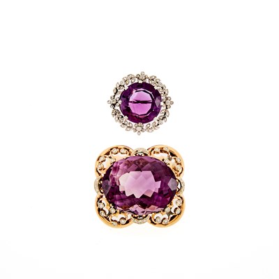 Lot 2174 - Two Platinum, Two-Color Gold, Amethyst and Diamond Brooches