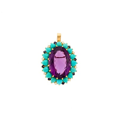 Lot 2055 - Gold, Amethyst, Turquoise, Sapphire and Diamond Pendant-Brooch