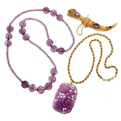 Lot 2177 - Group of Gold, Amethyst, Carved Amethyst and Amethyst Bead Jewelry