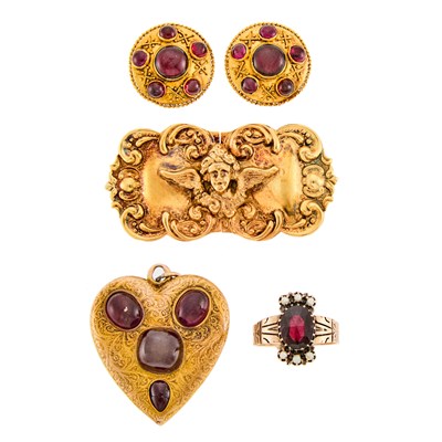 Lot 2155 - Group of Low Karat Gold, Silver-Gilt, Garnet, Red Glass and Split Pearl Jewelry