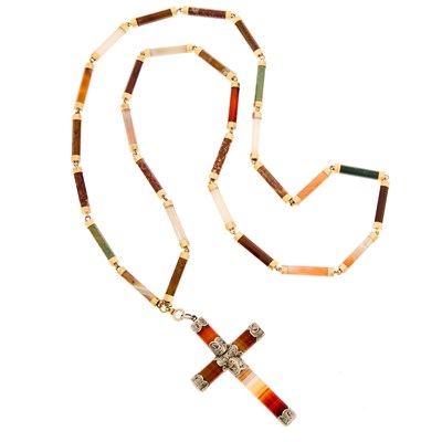 Lot 2185 - Silver, Gold and Scottish Agate Cross Pendant-Necklace