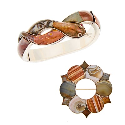 Lot 2187 - Silver and Scottish Agate Brooch and Snake Bangle Bracelet
