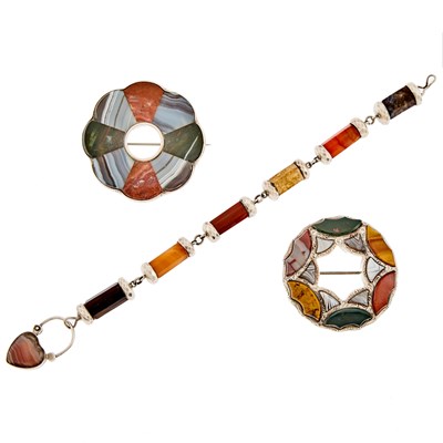 Lot 2188 - Two Silver and Scottish Agate Brooches and Bracelet