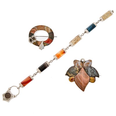 Lot 2189 - Two Silver and Scottish Agate Brooches and Bracelet