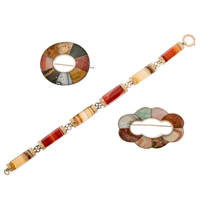 Lot 2191 - Two Silver and Scottish Agate Brooches and Low Karat Gold Bracelet