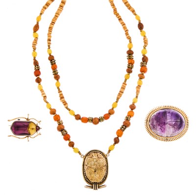 Lot 2080 - Group of Silver, Gold and Gem-Set Scarab Jewelry
