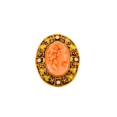 Lot 2181 - Gold, Carved Coral Cameo and Diamond Brooch