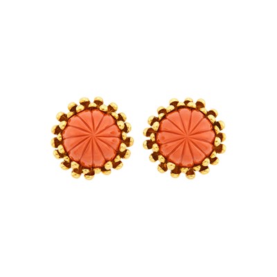 Lot 163 - David Webb Pair of Gold and Carved Coral Earclips