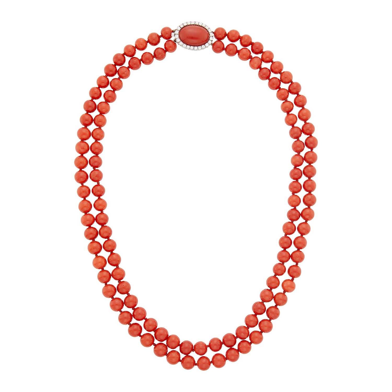 Lot 141 - Double Strand Oxblood Coral Bead Necklace with White Gold, Oxblood Coral and Diamond Clasp