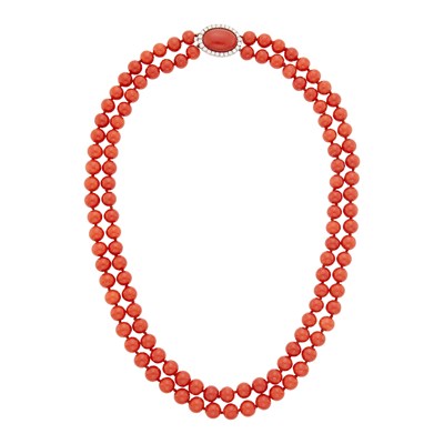 Lot 141 - Double Strand Oxblood Coral Bead Necklace with White Gold, Oxblood Coral and Diamond Clasp