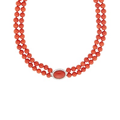 Lot 141 - Double Strand Oxblood Coral Bead Necklace with White Gold, Oxblood Coral and Diamond Clasp