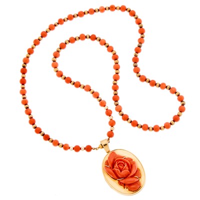 Lot 2182 - Gold and Carved Coral Rose Locket with Coral and Gold Bead Necklace