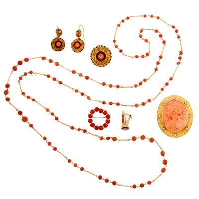 Lot 2183 - Group of Gold, Low Karat Gold, Coral, Cultured Pearl, Carnelian and Diamond Jewelry