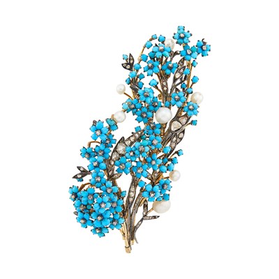 Lot 99 - Antique Gold, Silver, Turquoise, Pearl and Diamond Bouquet Brooch
