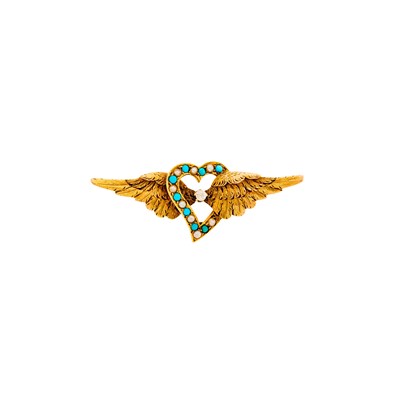 Lot 2136 - Antique Gold, Turquoise, Split Pearl and Diamond Heart Brooch