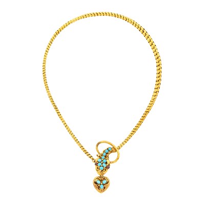 Lot 1053 - Antique Gold, Turquoise and Cabochon Garnet Snake Necklace