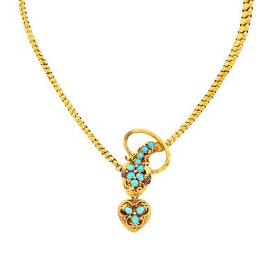 Lot 1053 - Antique Gold, Turquoise and Cabochon Garnet Snake Necklace