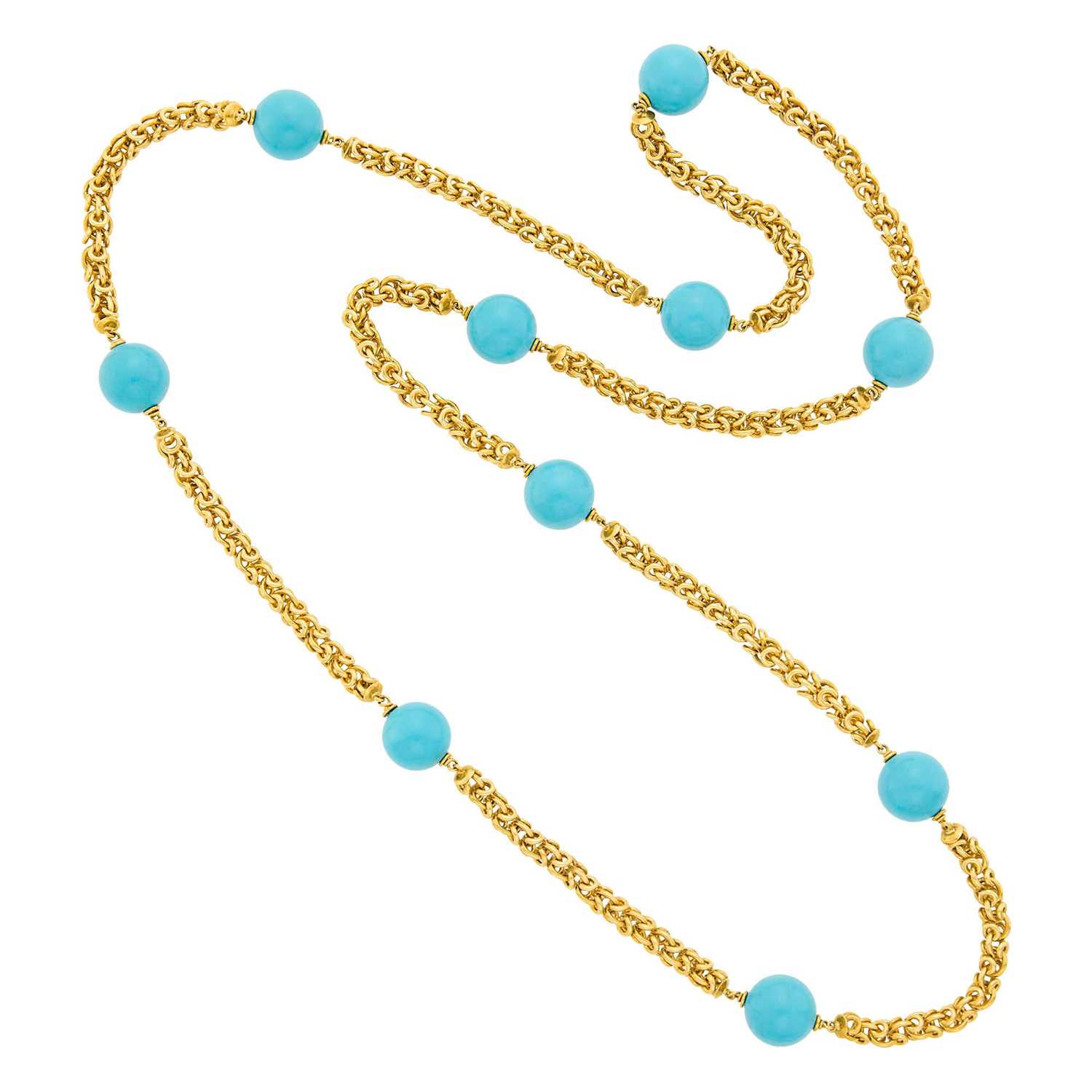 Lot 105 - Van Cleef & Arpels Long Gold and Turquoise Bead Chain Necklace