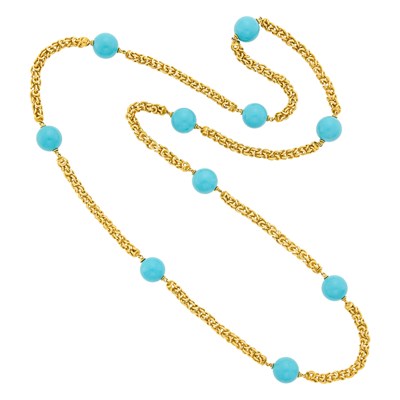 Lot Van Cleef & Arpels Long Gold and Turquoise Bead Chain Necklace