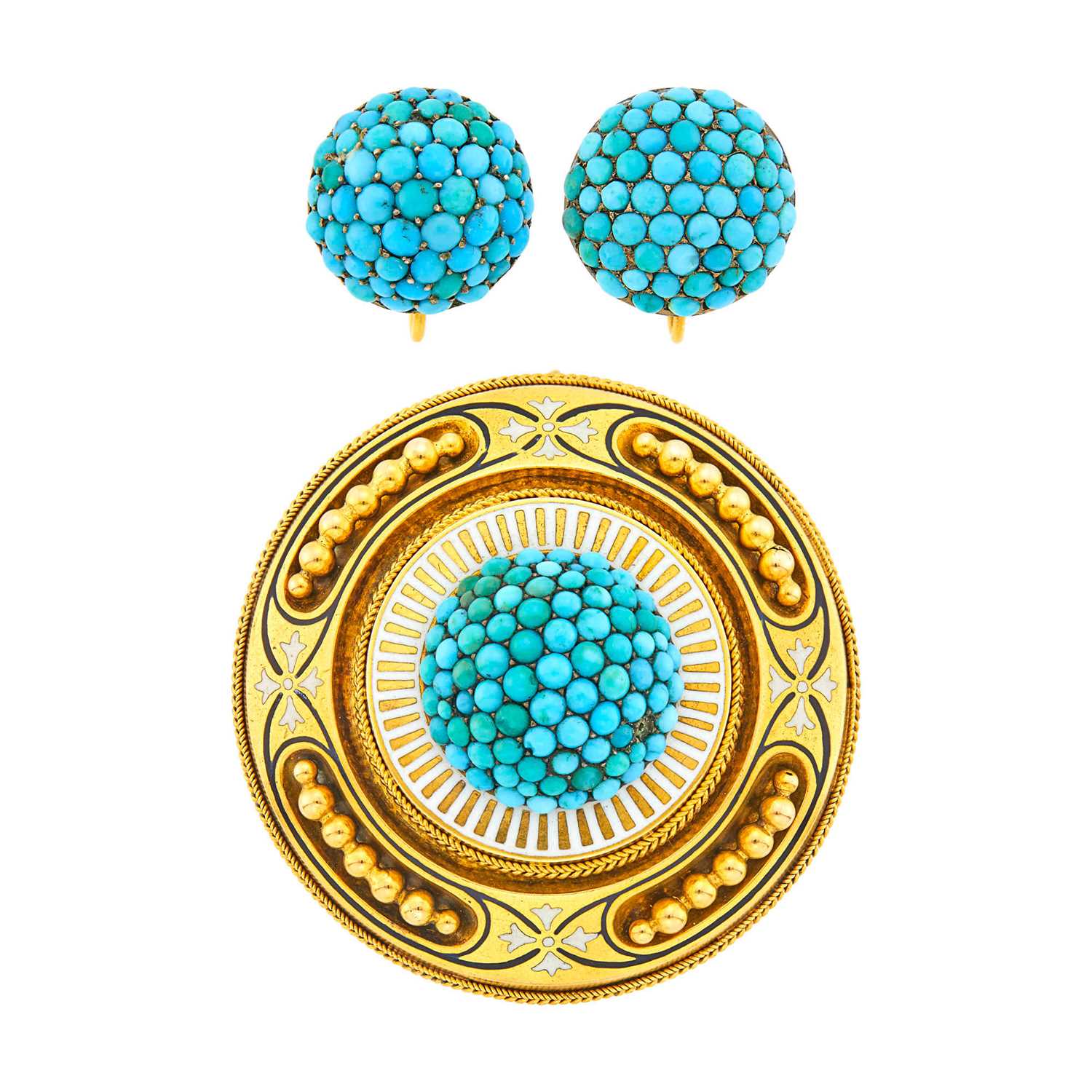 Lot 1054 - Antique Gold, Turquoise and White Enamel Pendant-Brooch and Pair of Low Karat Rose Gold, Silver and Turquoise Bombé Earclips