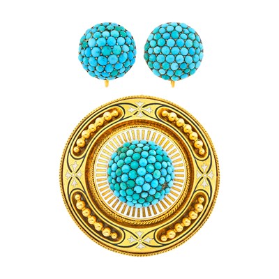 Lot 1054 - Antique Gold, Turquoise and White Enamel Pendant-Brooch and Pair of Low Karat Rose Gold, Silver and Turquoise Bombé Earclips