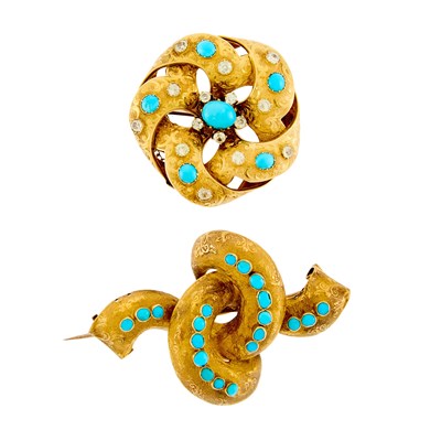 Lot 2201 - Two Antique Gold, Turquoise and Yellow Sapphire Brooches