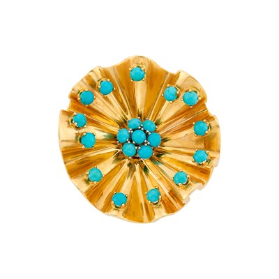Lot 1138 - Gold and Turquoise Clip-Brooch