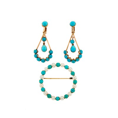 Lot 2133 - Pair of Gold and Turquoise Pendant-Earclips and Gold, Cultured Pearl and Turquoise Brooch