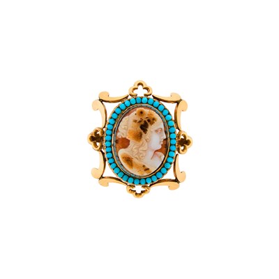 Lot 2126 - Antique Gilt-Metal, Sardonyx Cameo and Turquoise Brooch