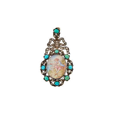 Lot 2137 - Silver, Quartz, Turquoise, Painted Porcelain and Diamond Pendant