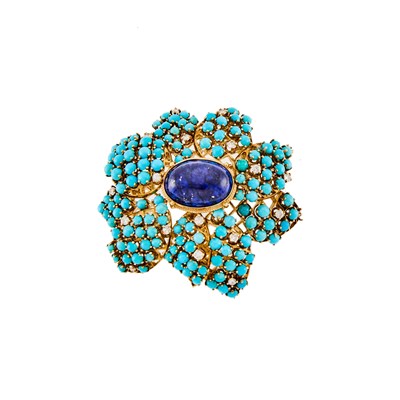 Lot 2128 - Gold, Turquoise, Lapis and Diamond Brooch