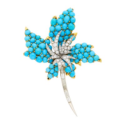 Lot 147 - Chaumet Platinum, Gold, Turquoise and Diamond Flower Clip-Brooch