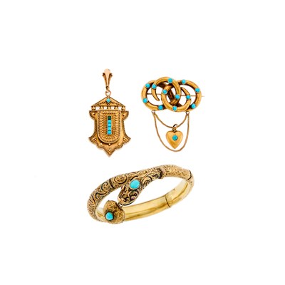 Lot 2068 - Group of Antique Gold and Turquoise Jewelry