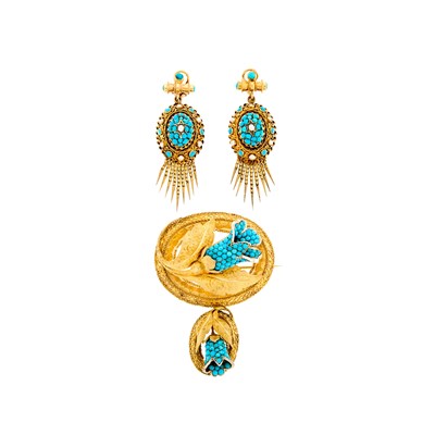 Lot 2072 - Antique Gold, Silver and Turquoise Brooch and Pair of Gold, Turquoise and Split Pearl Pendant-Earclips