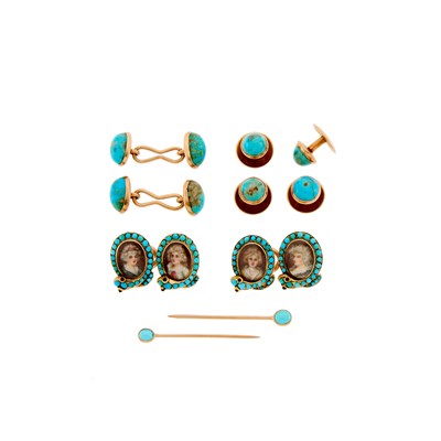 Lot 2134 - Pair of Gold, Turquoise and Miniature Portrait Cufflinks and Turquoise Dress Set