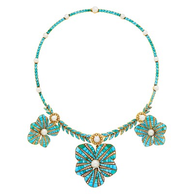 Lot 101 - Antique Gold, Turquoise, Button Pearl and Diamond Flower Pendant-Necklace