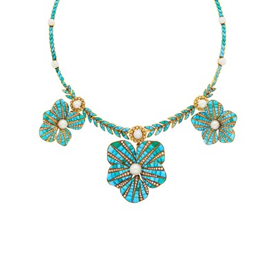 Lot 101 - Antique Gold, Turquoise, Button Pearl and Diamond Flower Pendant-Necklace