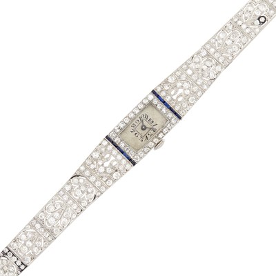 Lot 87 - Platinum, White Gold, Diamond and Synthetic Sapphire Wristwatch