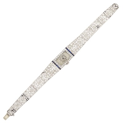 Lot 87 - Platinum, White Gold, Diamond and Synthetic Sapphire Wristwatch