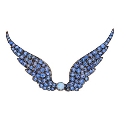 Lot 79 - Antique Silver, Gold, Opal and Sapphire Wings Brooch